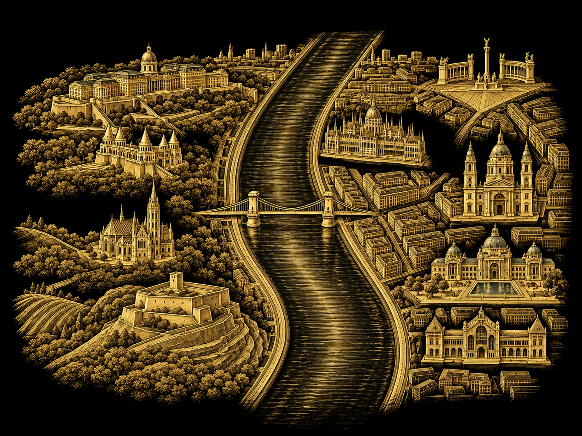 Illustrated view of Budapest showing HABIBI Vár and HABIBI 3